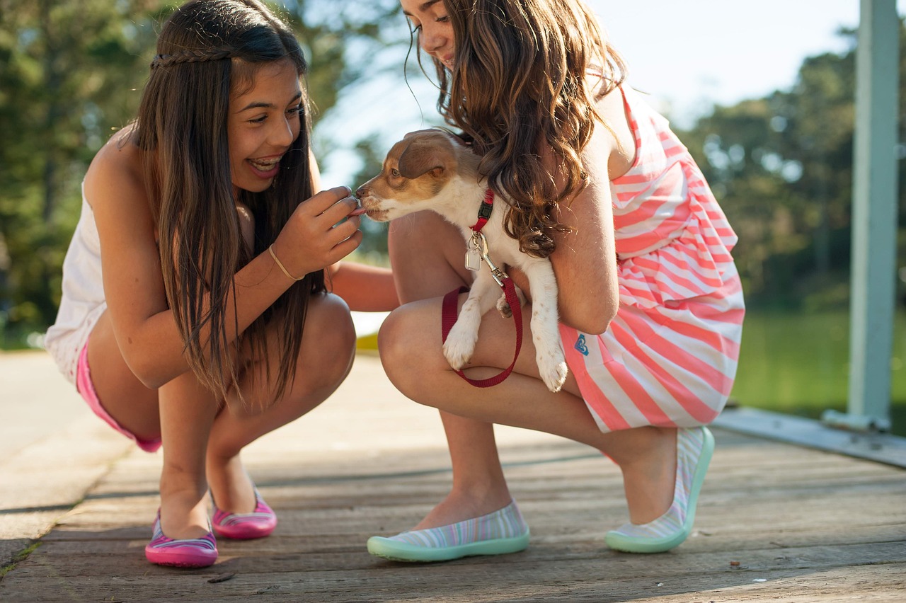 niñas con un perro