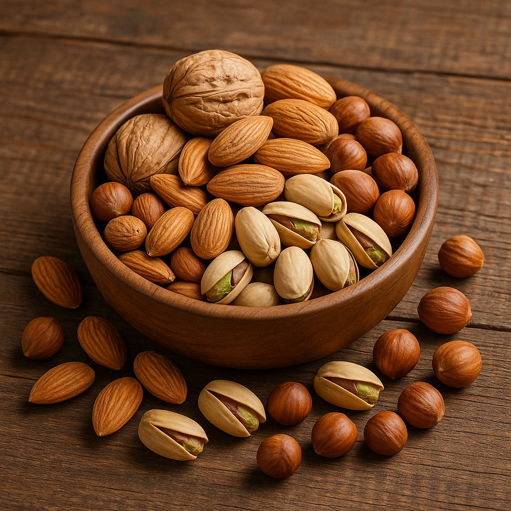 Bowl con nueces, almendras, pistachos y avellanas sobre mesa de madera