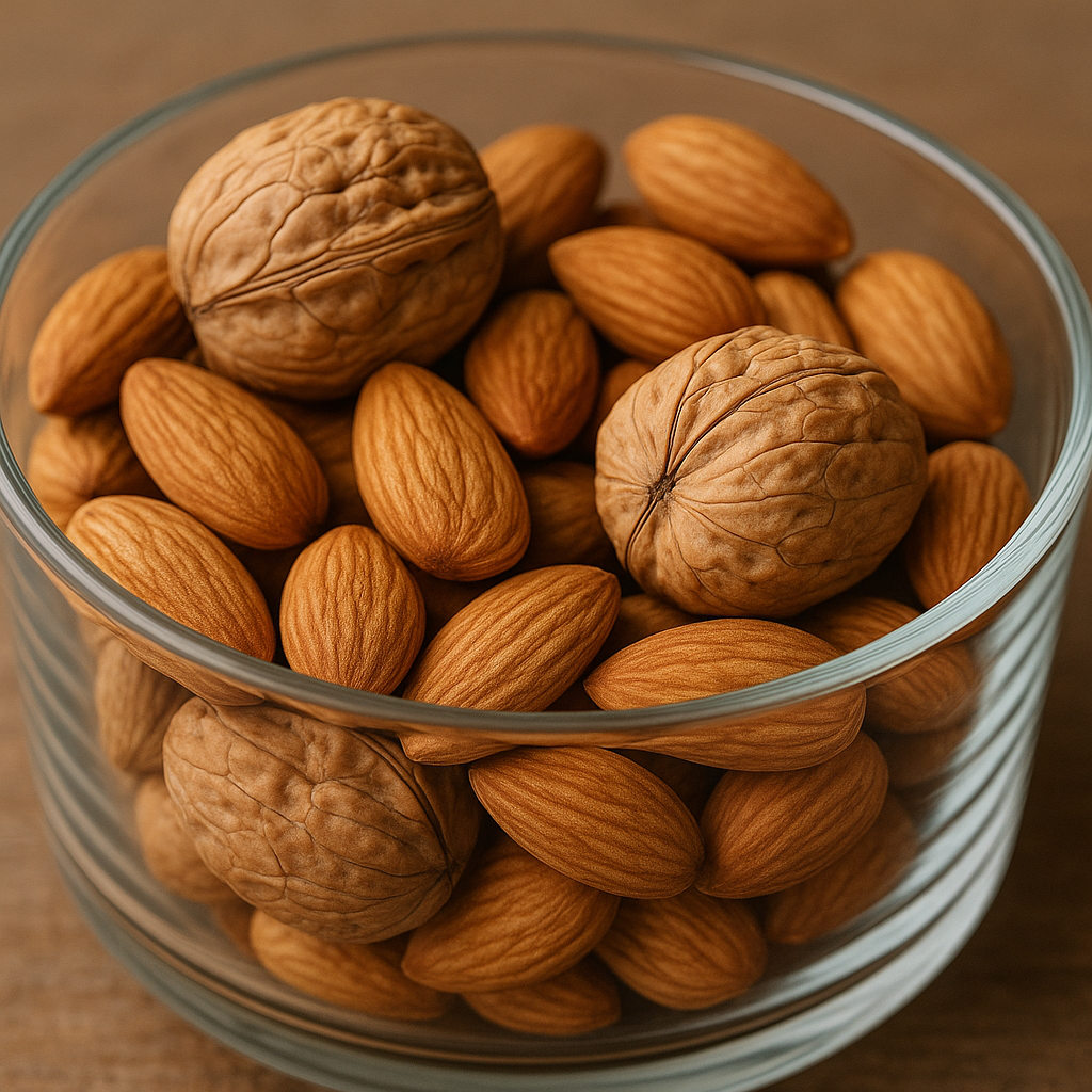 Primer plano de nueces y almendras en recipiente de vidrio