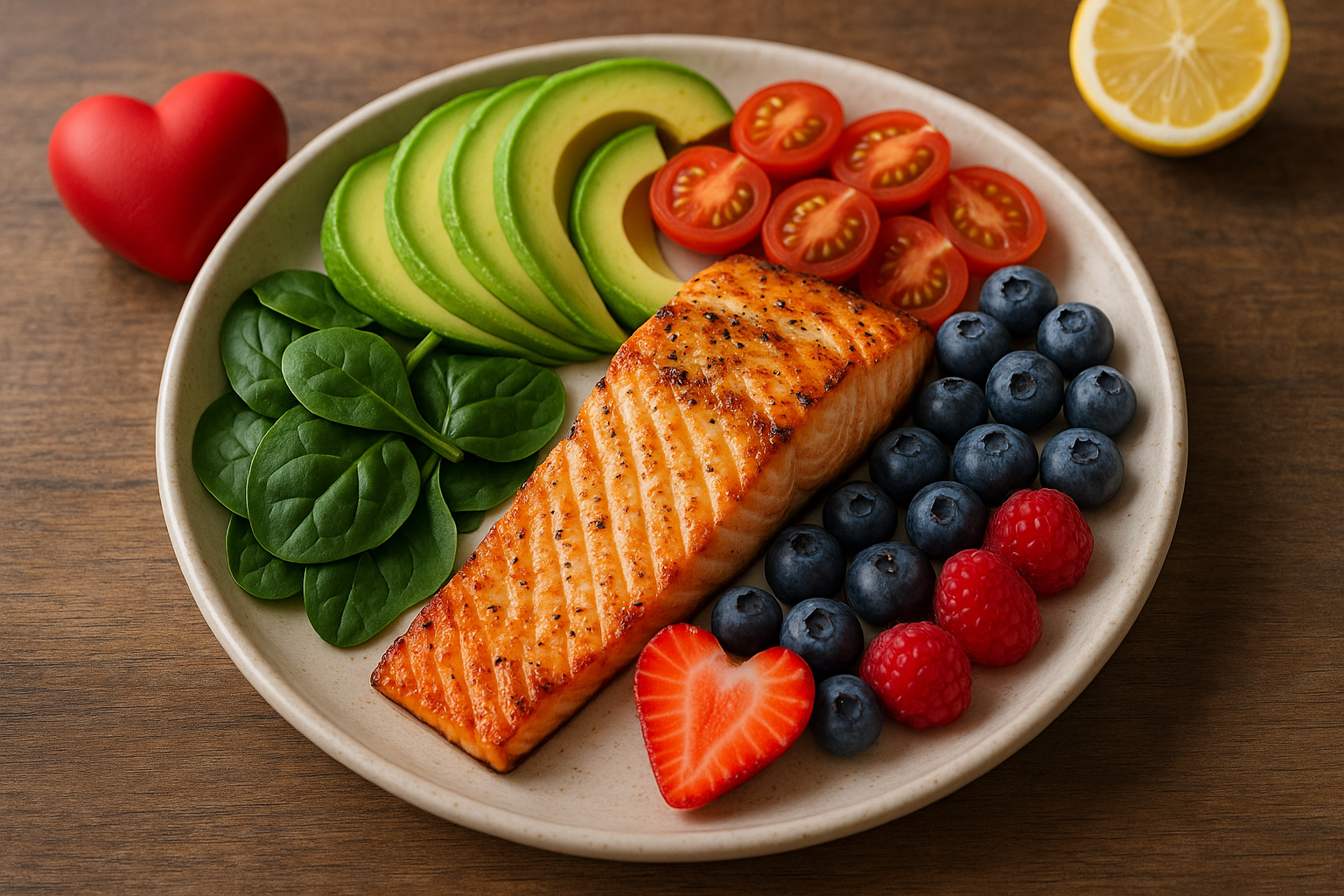 Plato saludable con pescado, frutas y vegetales para cuidar el corazón