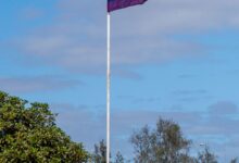 Bandera del orgullo flameando en un mástil bajo el cielo azul