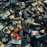 Pila de teléfonos celulares viejos y en desuso acumulados para reciclaje