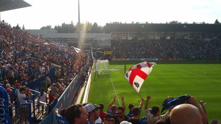 Hinchas en las tribunas de un estadio con una bandera