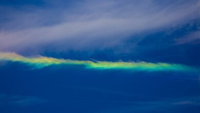 Arco circunhorizontal o arcoíris de fuego: una franja de colores sobre nubes altas en el cielo azul
