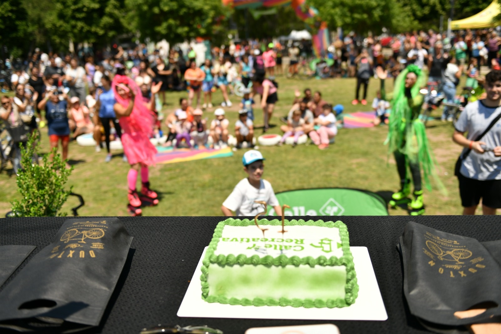 Torta de cumpleaños de Calle Recreativa con familias y personajes disfrazados en un parque de Rosario