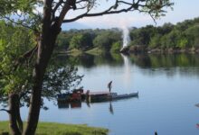 Carpas en un camping junto a un lago, imagen ilustrativa