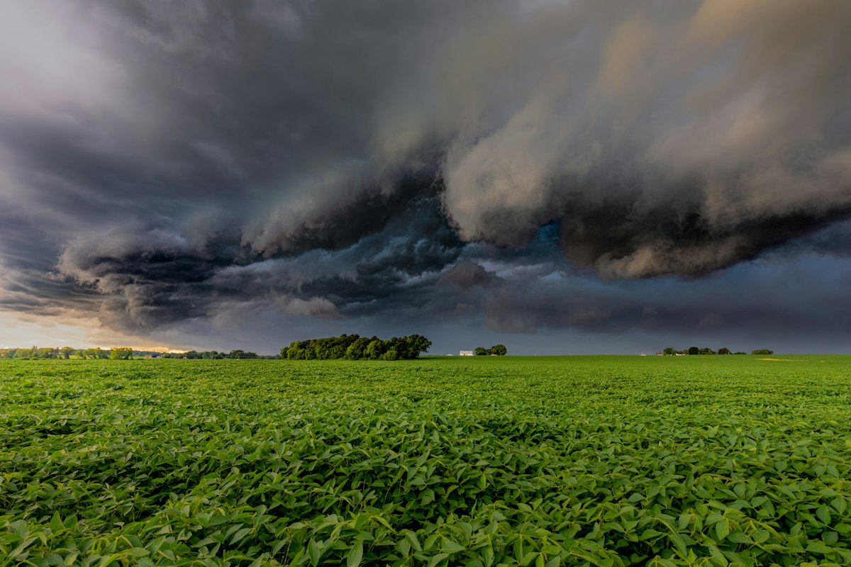Una nube de tormenta oscura sobre un campo verde de cultivos