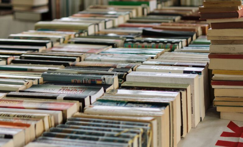 Mesas con cientos de libros ordenados en un puesto de venta