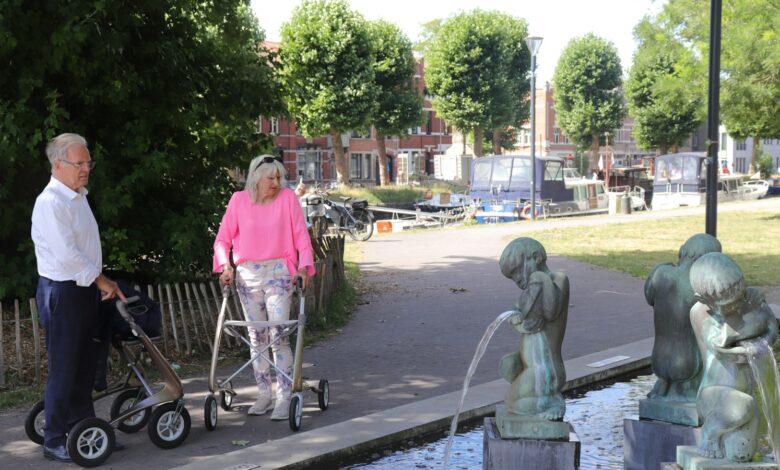 Pareja de adultos mayores caminando junto a una fuente en un parque