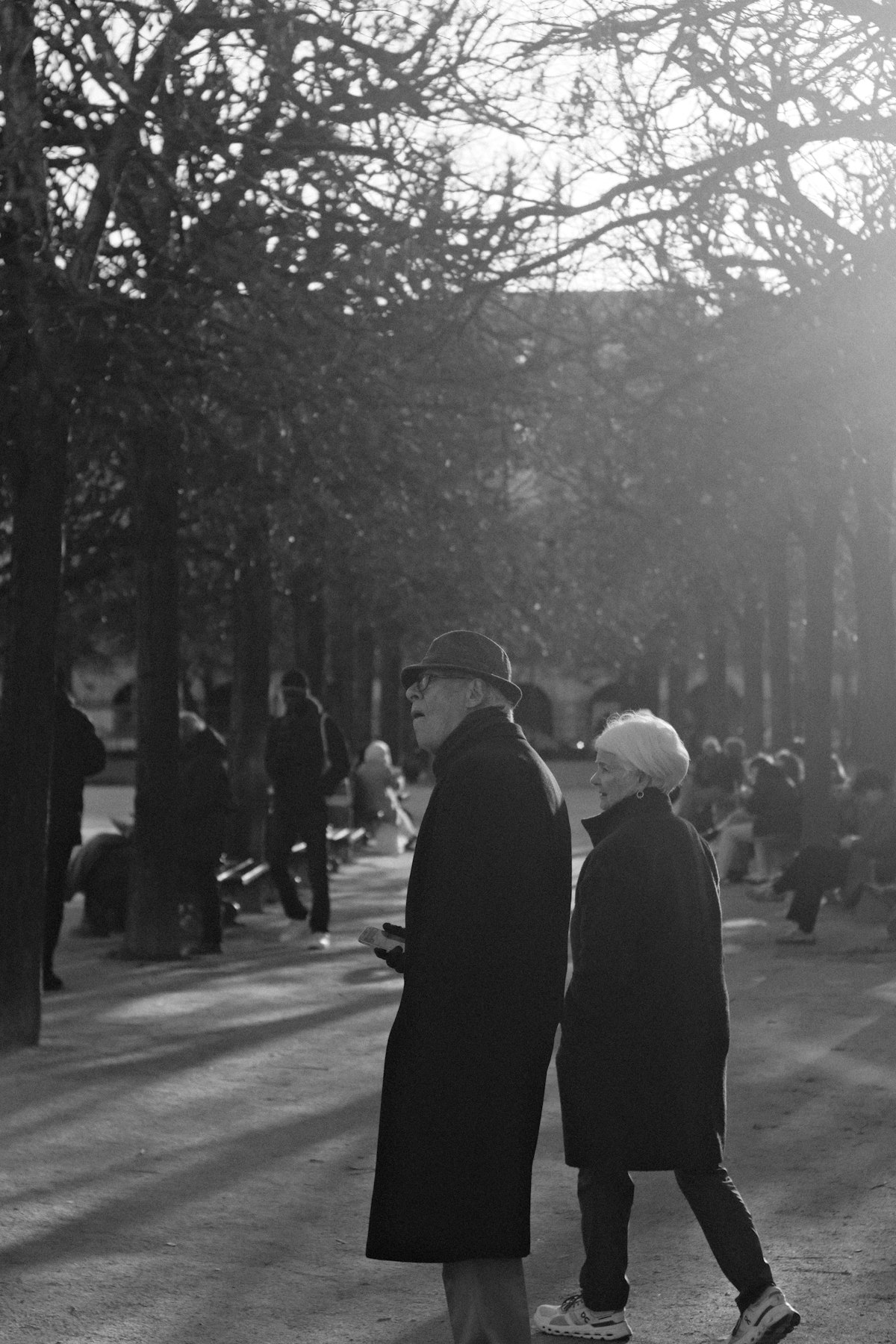 Pareja de adultos mayores caminando en un parque al atardecer