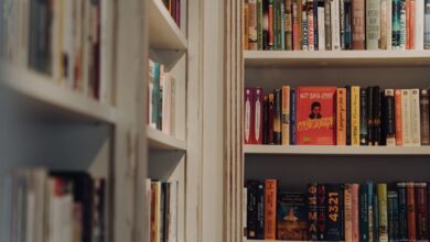 Libros de colores ordenados en la estantería de una librería