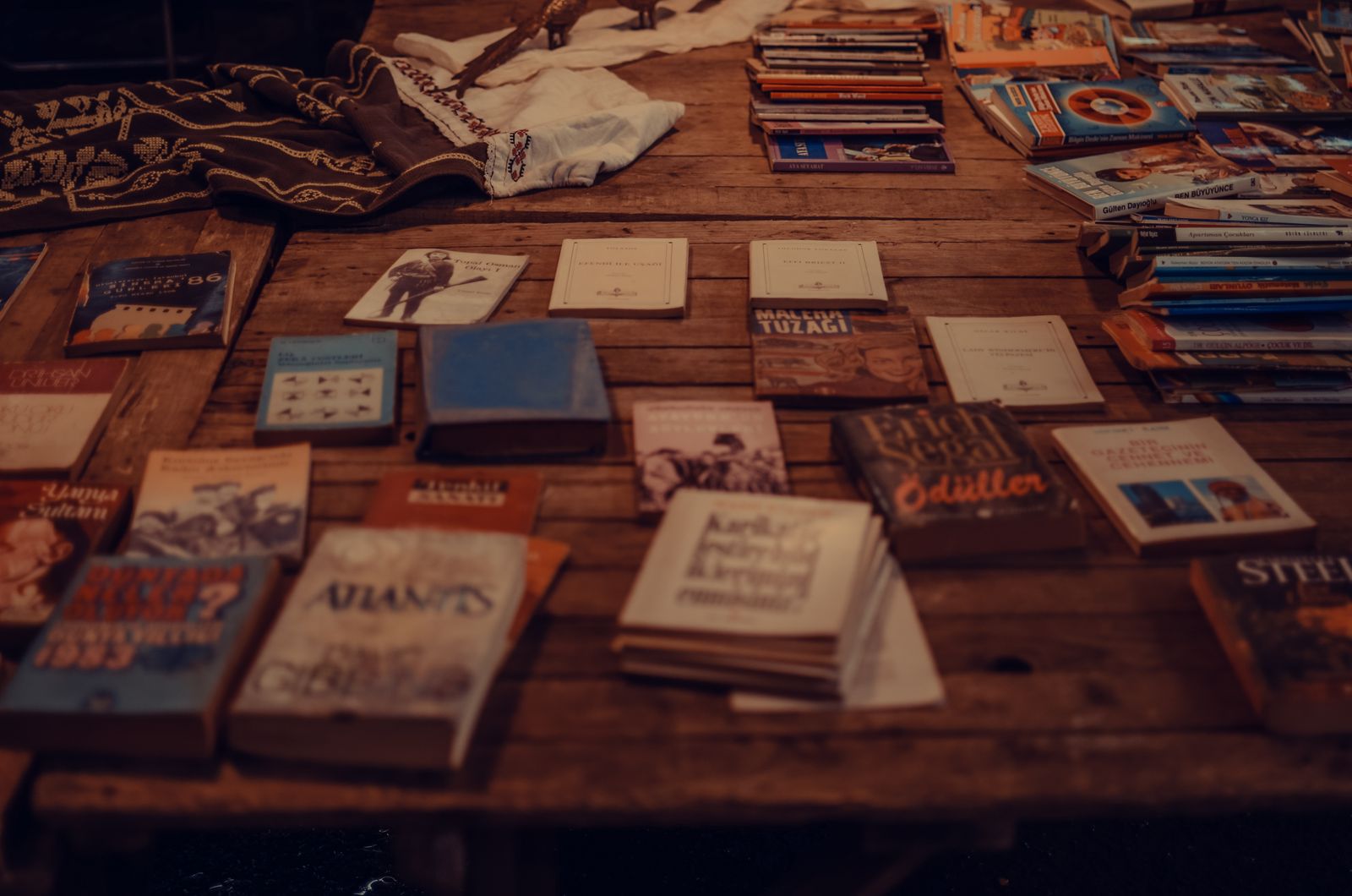 Libros exhibidos sobre una mesa de madera