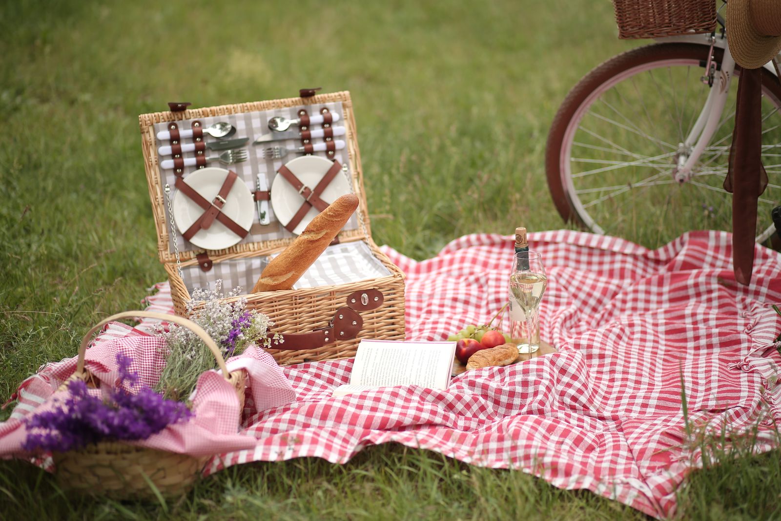 Canasta de picnic sobre un mantel a cuadros en el pasto, con una bicicleta al lado