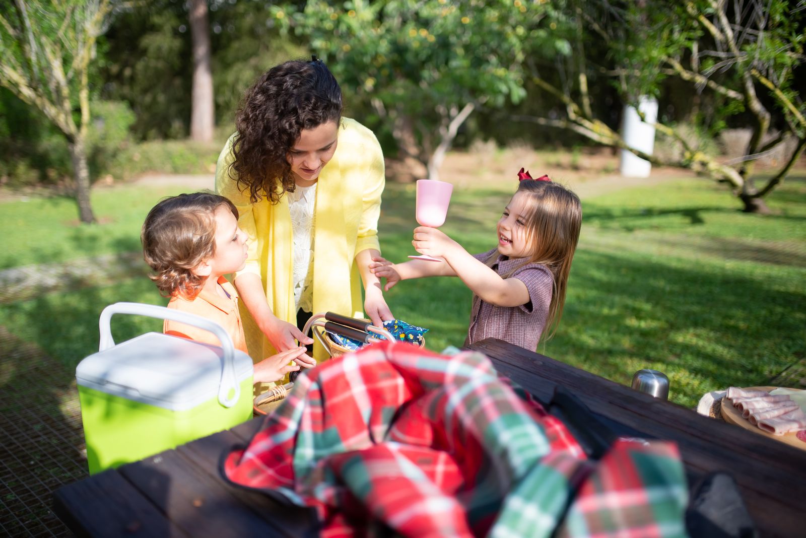 Madre y dos nenas compartiendo un picnic con heladerita y mantas en un parque