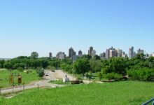 Vista de Rosario desde el Campito de la costanera, con cielo despejado y pasto verde