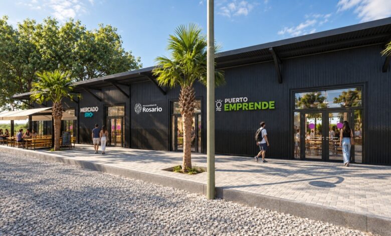 Fachada del edificio de Puerto Emprende en Presidente Roca y el río, Rosario