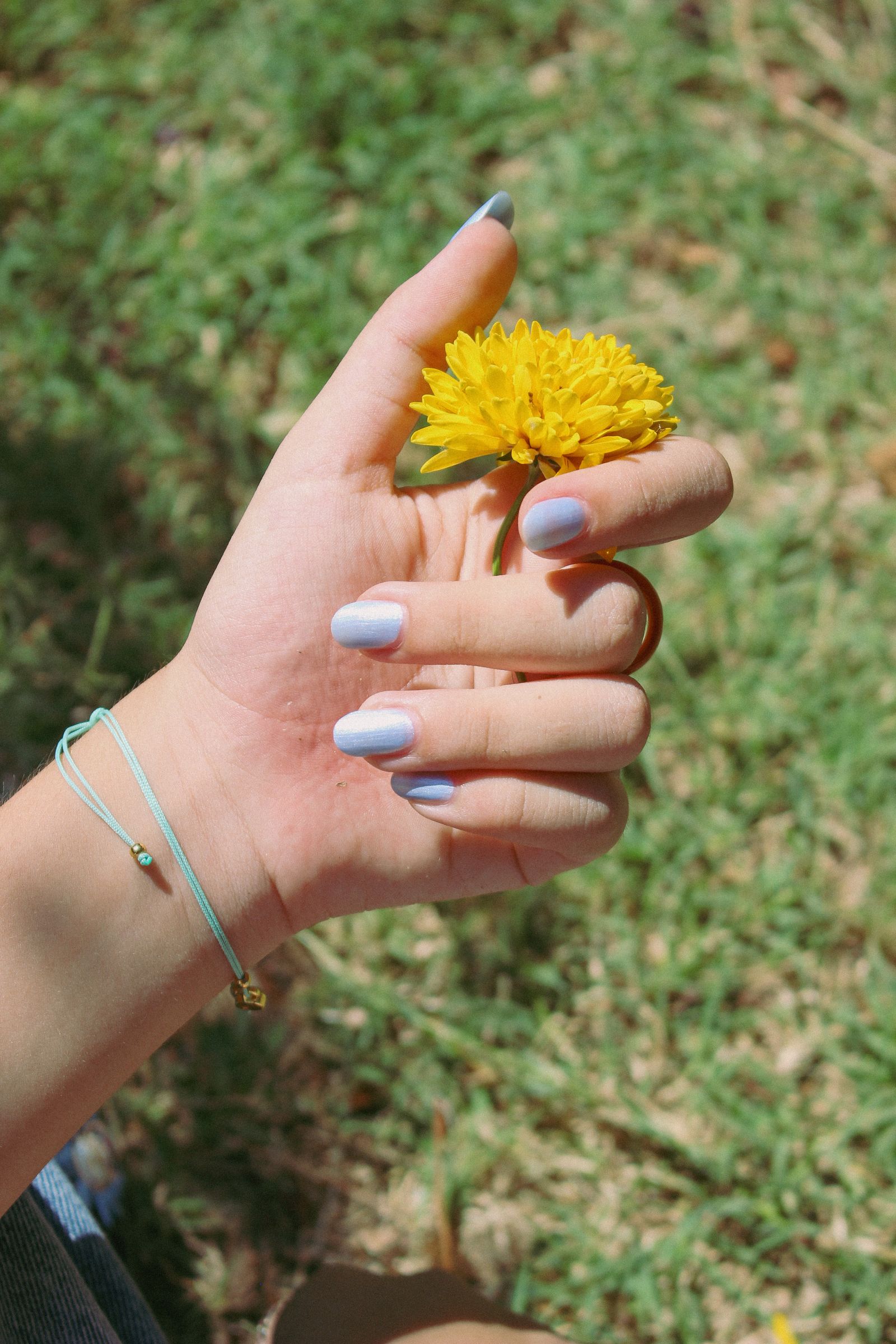 Mano con uñas celeste pastel sosteniendo una flor amarilla