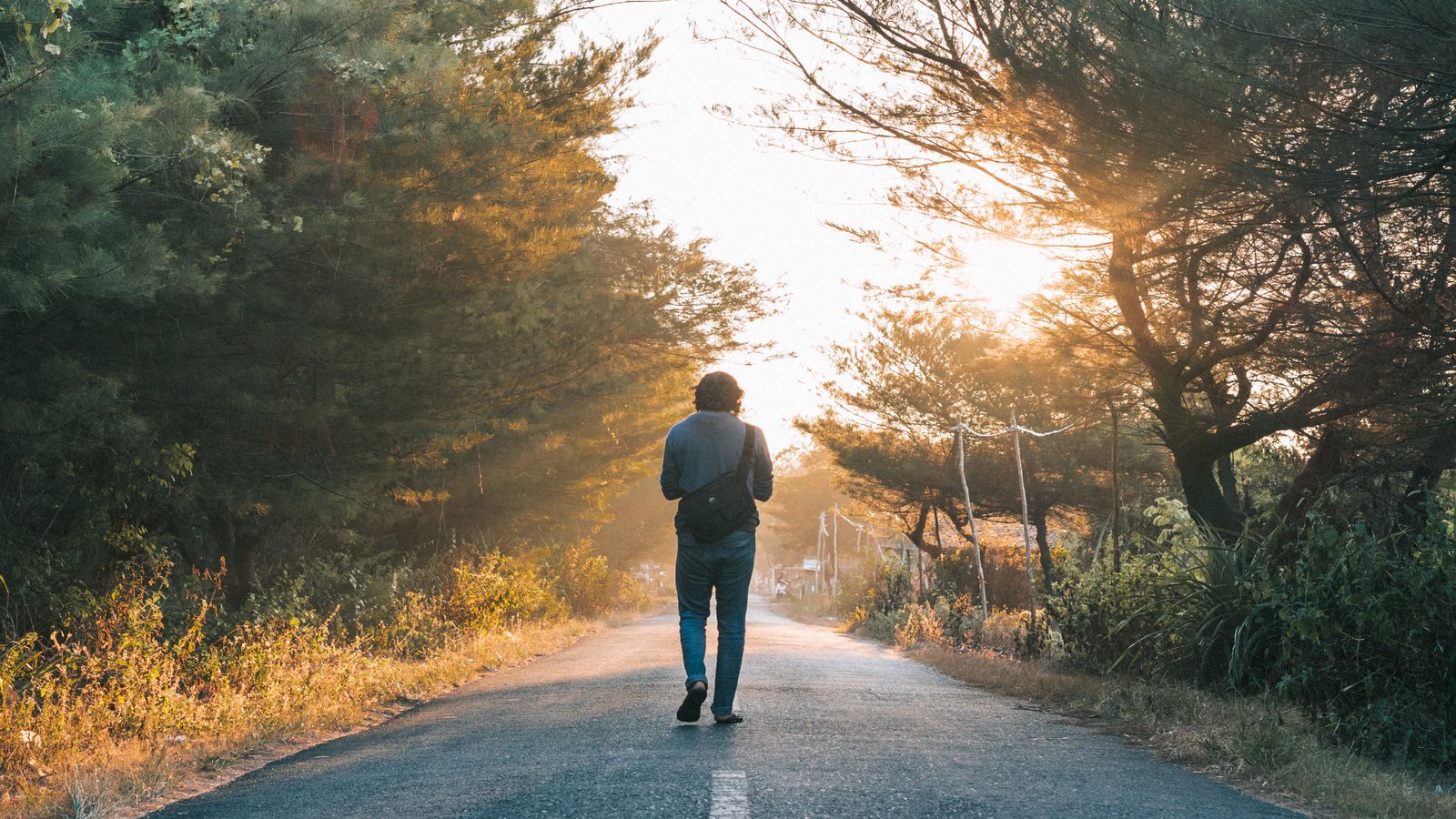 Hombre caminando por un sendero arbolado con luz de amanecer